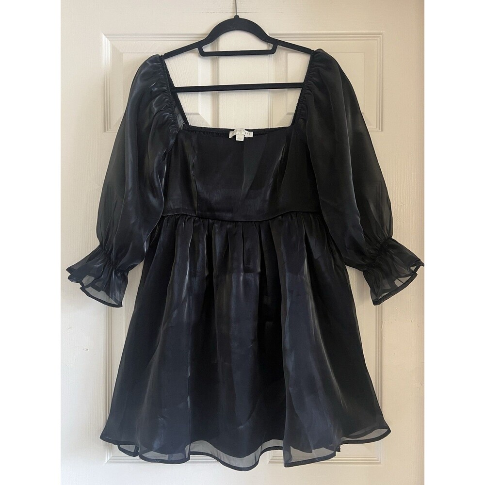 THIRTY/THIRTY LA Black Liquid Satin Babydoll Dress L Puff Sleeve Peasant Goth